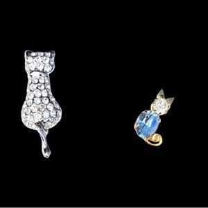 Vintage Cute Kitty Cat Lapel Pins, Silver & Gold plated. Each filled with CZ.
